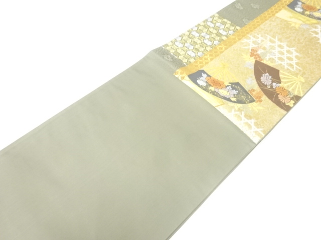  扇面に牡丹模様織出し袋帯